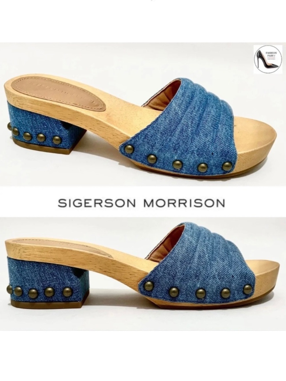 Sigerson Morrison Abel Blue Denim Slides Stud Clogs Sandals Wooden Platform Mule